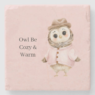 Owl Hat Pink Sweater Cozy & Warm Stone Coaster
