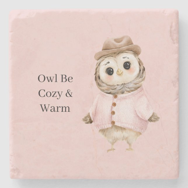 Owl Hat Pink Sweater Cozy & Warm Stone Coaster (Front)