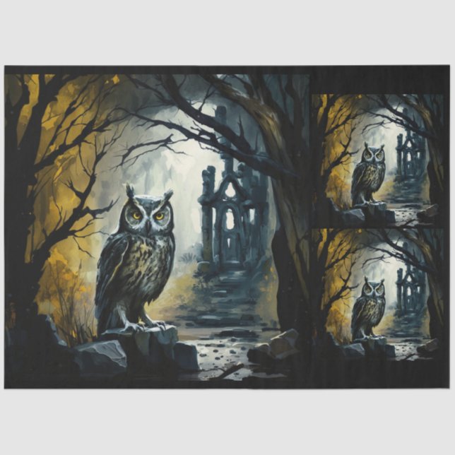 Owl Haunted Forest Watercolor 20x30  Decoupage   Tissue Paper (Front)