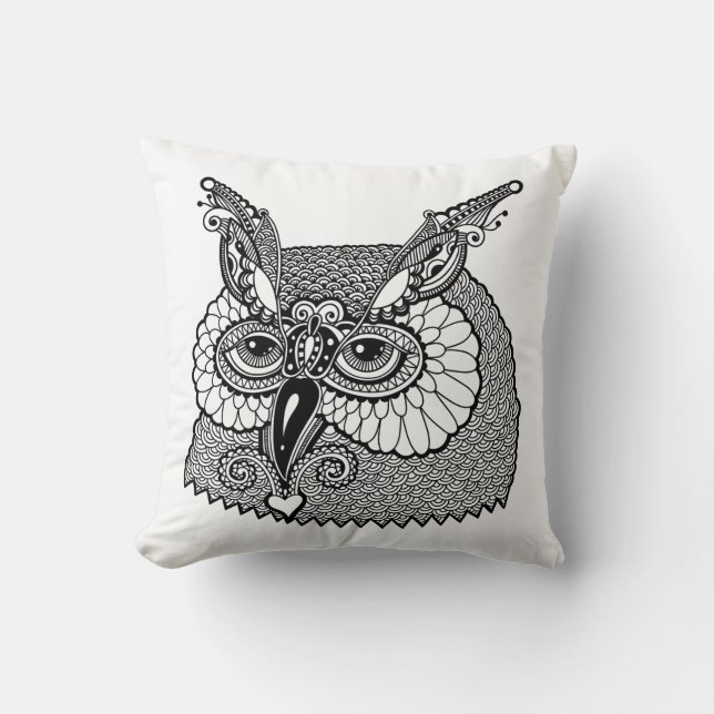 Owl Head Zendoodle Throw Pillow (Front)