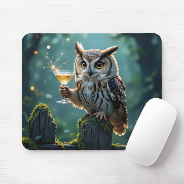 Owl Holding a Cocktail In a Mystical Forest Mouse Pad (With Mouse)