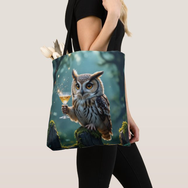 Owl Holding a Cocktail In a Mystical Forest Tote Bag (Close Up)