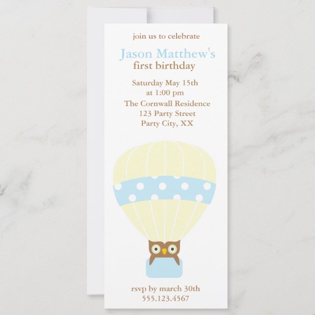 Owl in a balloon birthday party invitations (Front)
