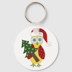 Owl in a Santa Hat with Christmas Tree Keychain