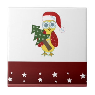 Owl in a Santa Hat with Christmas Tree Tile