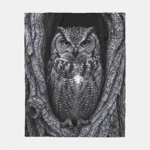 Owl in a Tree Hollow Black and White Fleece Blanket