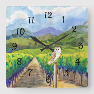 Owl in a Vineyard Square Wall Clock
