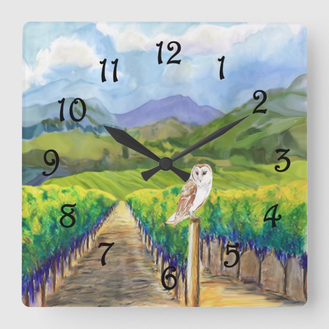 Owl in a Vineyard Square Wall Clock (Front)