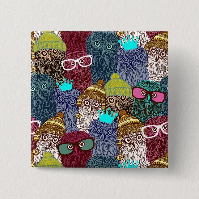 Owl in crown 2 inch square button (Front)