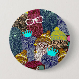 Owl in crown 3 inch round button
