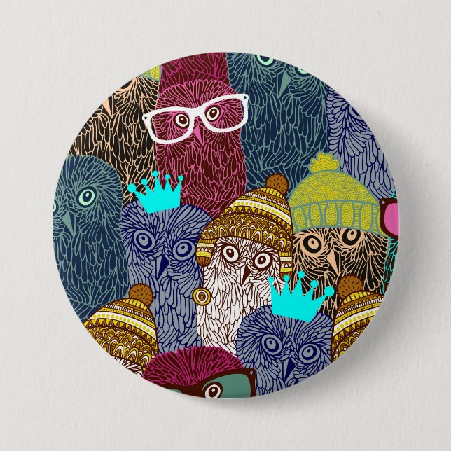 Owl in crown 3 inch round button (Front)