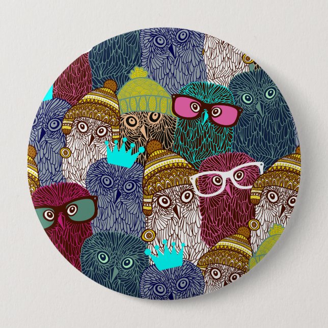 Owl in crown 4 inch round button (Front)