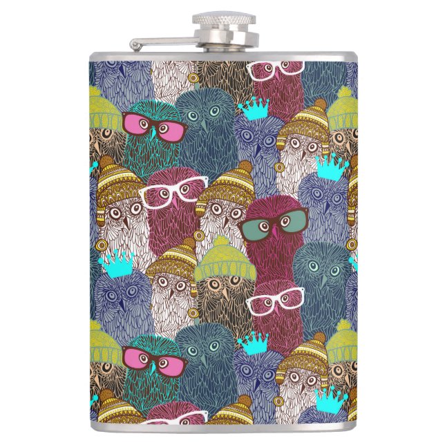 Owl in crown hip flask (Front)