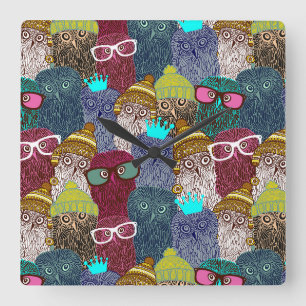 Owl in crown square wall clock