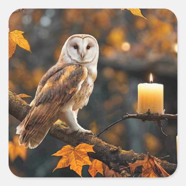 Owl in Fall Foliage and Candle Mystical Square Sticker (Front)