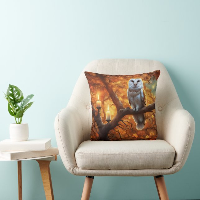 Owl in Fall Foliage Candles Gothic Throw Pillow (Chair)