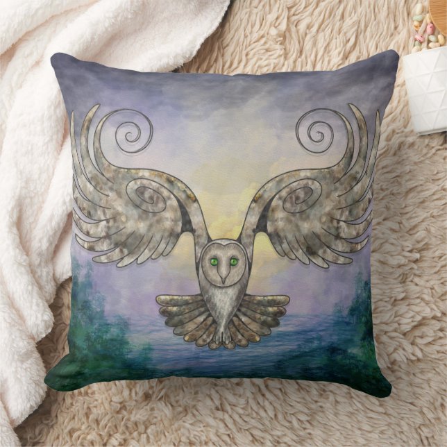 Owl In Flight Over Pine Forest At Dawn Throw Pillow (Blanket)