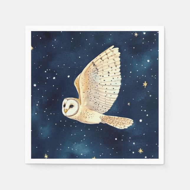 Owl in Flight Starry Night Watercolor Christmas  Napkin (Front)