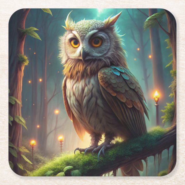 Owl in Forest Square Paper Coaster (Front)