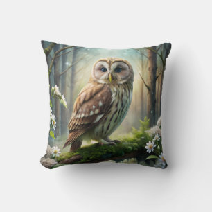 Owl in Forest Throw Pillow