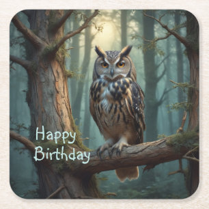 Owl in Magical Forest Square Paper Coaster