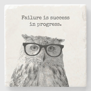 Owl in reading glasses motivational success quote stone coaster