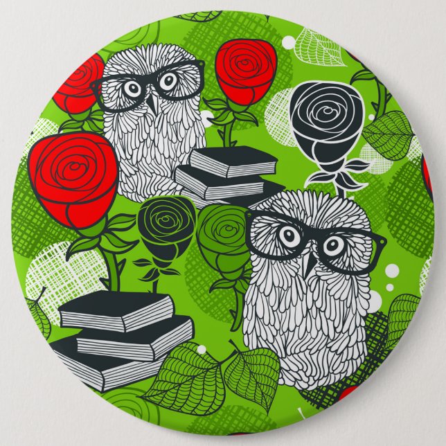 Owl in red roses 6 inch round button (Front)