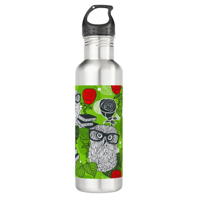 Owl in red roses 710 ml water bottle (Front)