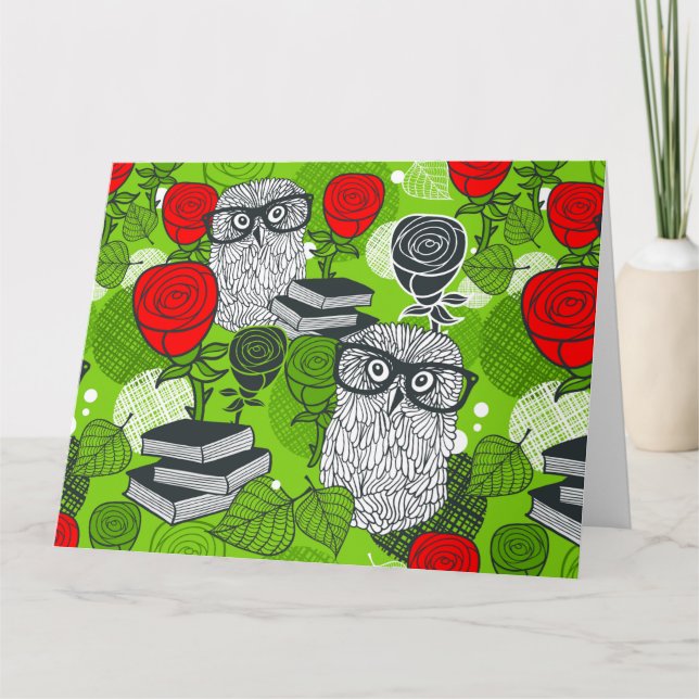 Owl in red roses card (Front)
