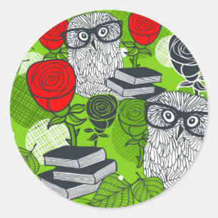 Owl in red roses classic round sticker