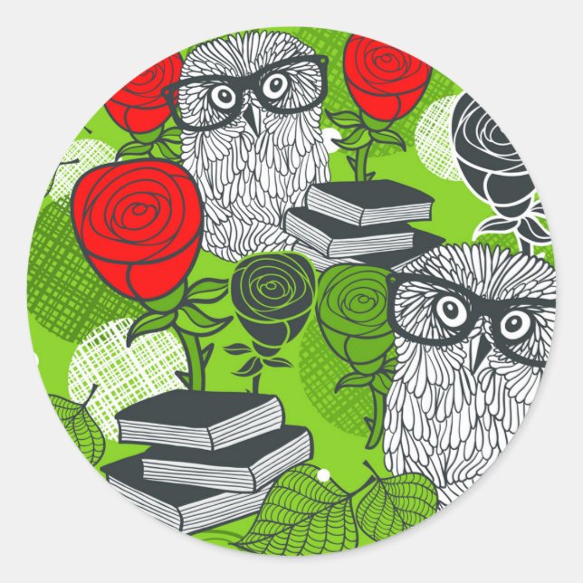 Owl in red roses classic round sticker (Front)