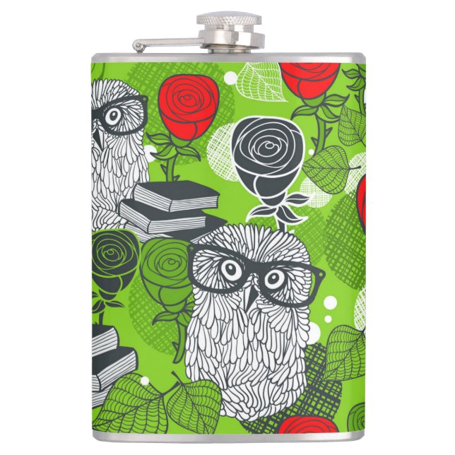 Owl in red roses hip flask (Front)