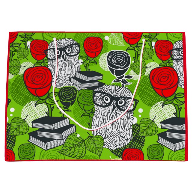 Owl in red roses large gift bag (Front)
