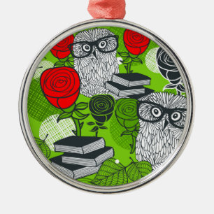 Owl in red roses metal ornament