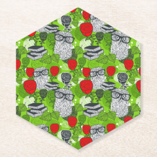 Owl in red roses paper coaster