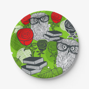 Owl in red roses paper plate