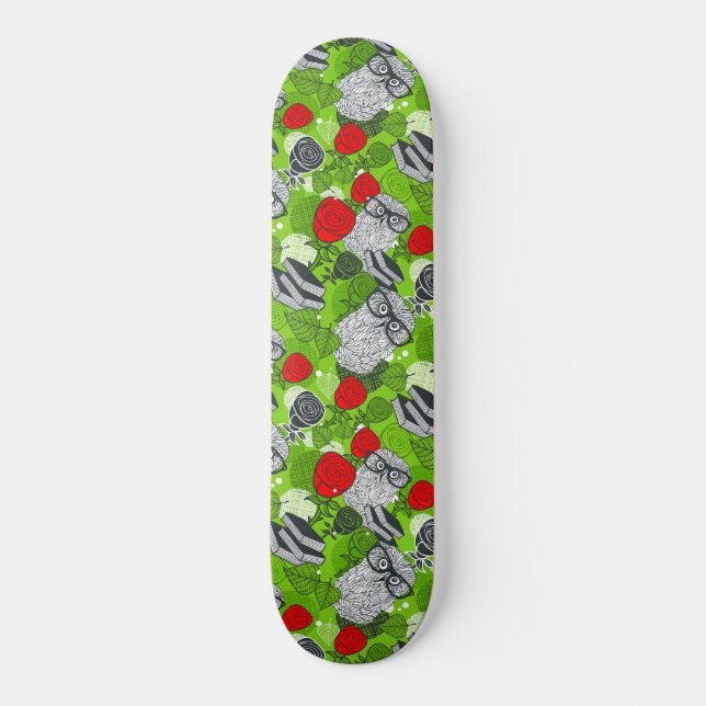Owl in red roses skateboard (Front)