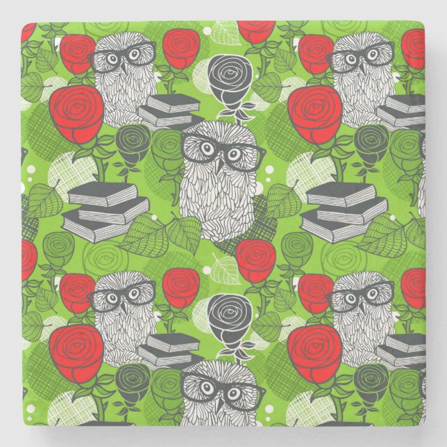 Owl in red roses stone coaster (Front)