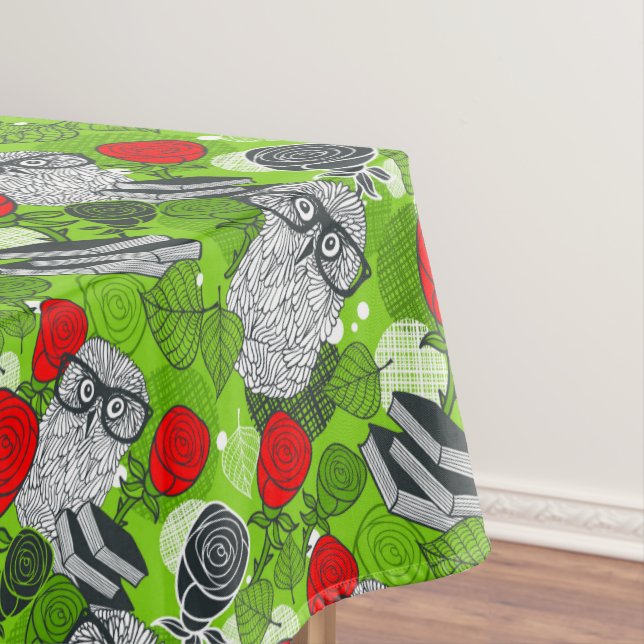 Owl in red roses tablecloth (In Situ)
