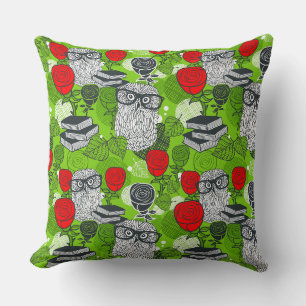 Owl in red roses throw pillow