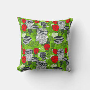 Owl in red roses throw pillow