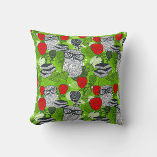 Owl in red roses throw pillow