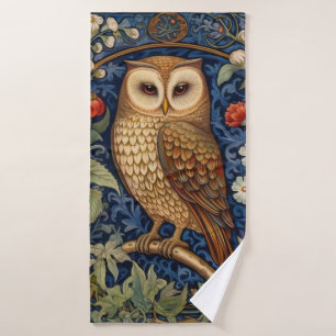 Owl in the garden William Morris style Bath Towel