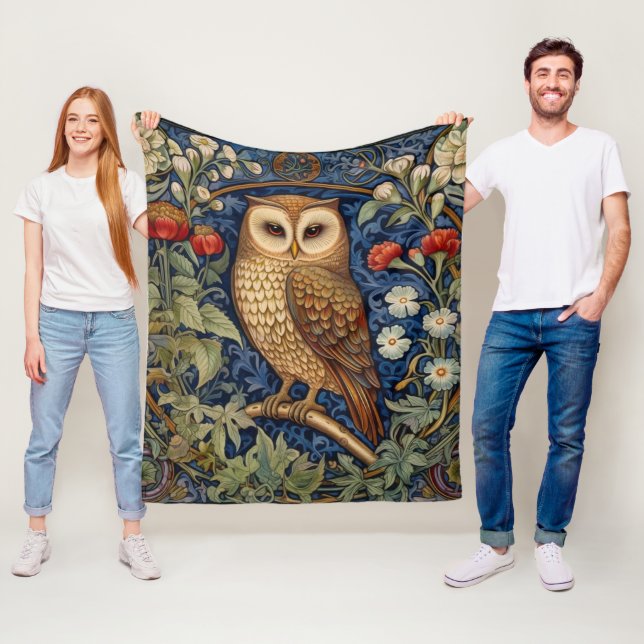 Owl in the garden William Morris style Fleece Blanket (In Situ)
