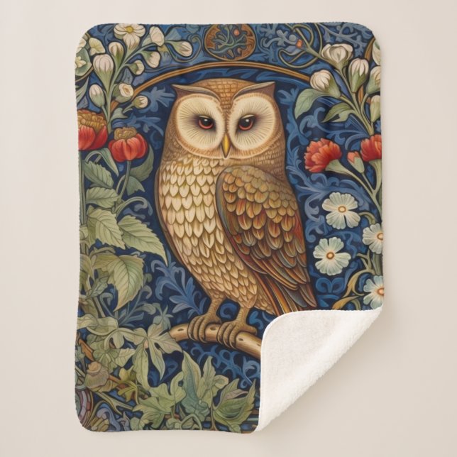 Owl in the garden William Morris style Sherpa Blanket (Front)