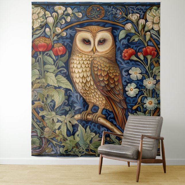 Owl in the garden William Morris style Tapestry (In Situ)