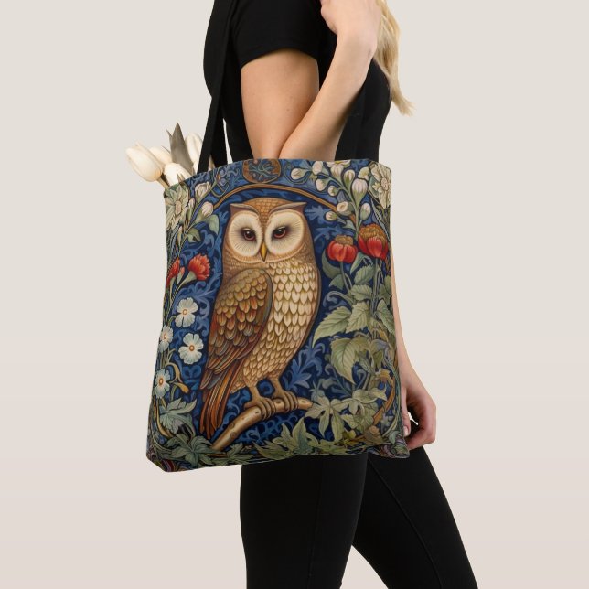Owl in the garden William Morris style Tote Bag (Close Up)