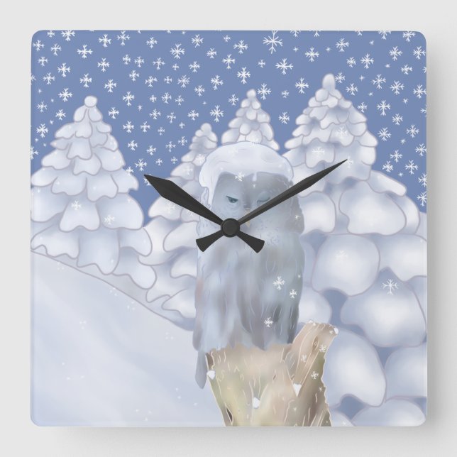 owl in the snow square wall clock (Front)