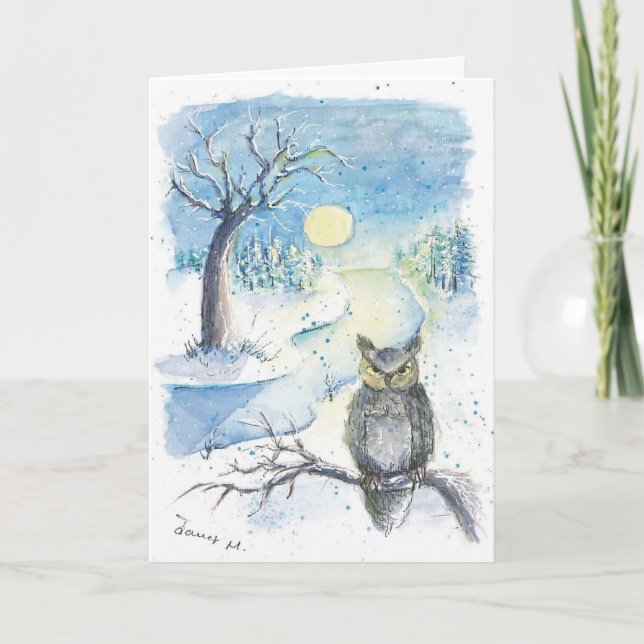 Owl in the snow Winter folded card (Front)