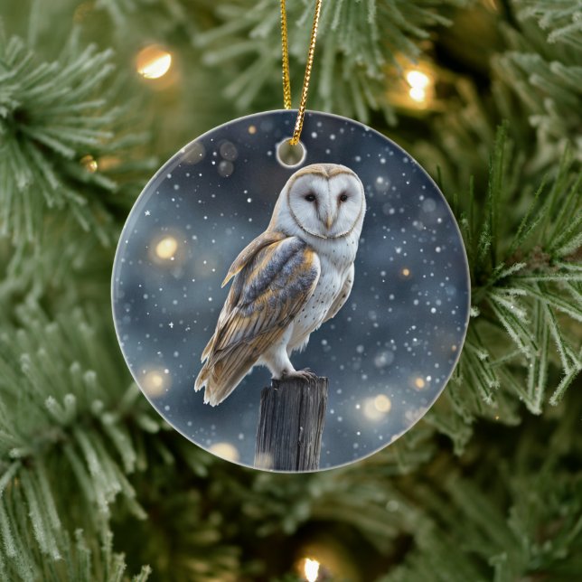 Owl in the Snow Winter Solstice or Christmas Ceramic Ornament (Tree)